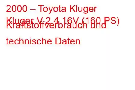 2000 – Toyota Kluger
Kluger V 2.4 16V (160 PS) Kraftstoffverbrauch und technische Daten