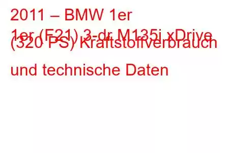 2011 – BMW 1er
1er (F21) 3-dr M135i xDrive (320 PS) Kraftstoffverbrauch und technische Daten