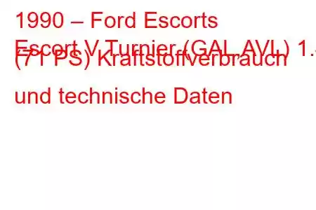 1990 – Ford Escorts
Escort V Turnier (GAL,AVL) 1.4 (71 PS) Kraftstoffverbrauch und technische Daten