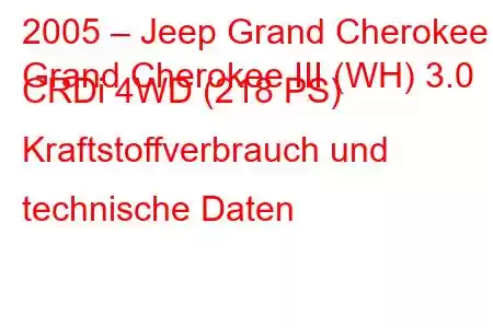 2005 – Jeep Grand Cherokee
Grand Cherokee III (WH) 3.0 CRDi 4WD (218 PS) Kraftstoffverbrauch und technische Daten