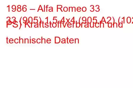 1986 – Alfa Romeo 33
33 (905) 1,5 4x4 (905.A2) (102 PS) Kraftstoffverbrauch und technische Daten