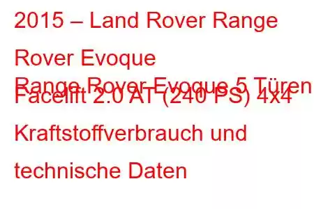 2015 – Land Rover Range Rover Evoque
Range Rover Evoque 5 Türen Facelift 2.0 AT (240 PS) 4x4 Kraftstoffverbrauch und technische Daten