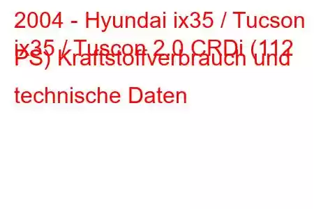 2004 - Hyundai ix35 / Tucson
ix35 / Tuscon 2.0 CRDi (112 PS) Kraftstoffverbrauch und technische Daten