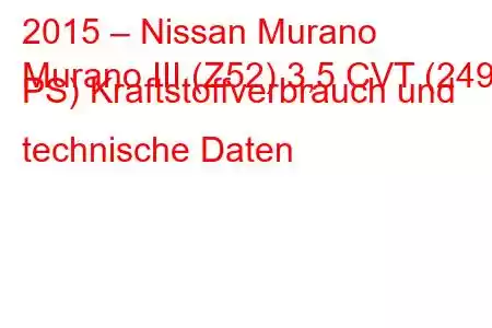 2015 – Nissan Murano
Murano III (Z52) 3,5 CVT (249 PS) Kraftstoffverbrauch und technische Daten