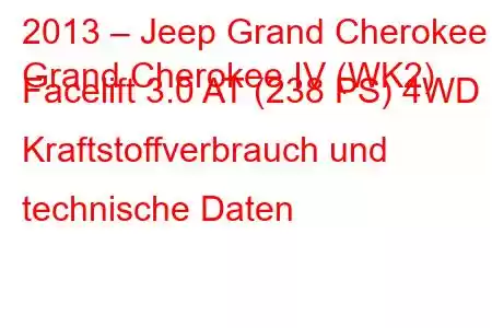 2013 – Jeep Grand Cherokee
Grand Cherokee IV (WK2) Facelift 3.0 AT (238 PS) 4WD Kraftstoffverbrauch und technische Daten