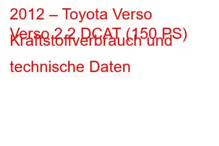 2012 – Toyota Verso
Verso 2.2 DCAT (150 PS) Kraftstoffverbrauch und technische Daten