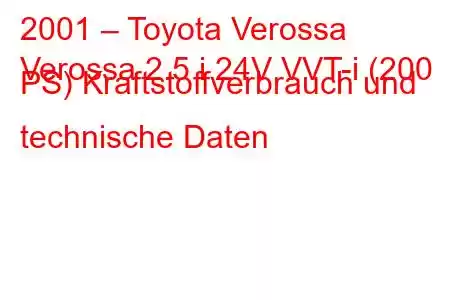 2001 – Toyota Verossa
Verossa 2.5 i 24V VVT-i (200 PS) Kraftstoffverbrauch und technische Daten