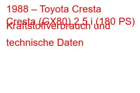 1988 – Toyota Cresta
Cresta (GX80) 2,5 i (180 PS) Kraftstoffverbrauch und technische Daten