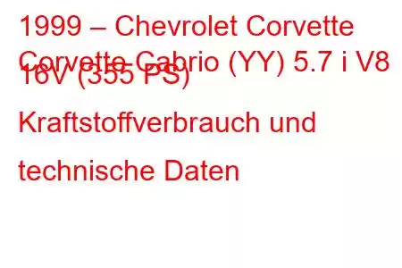 1999 – Chevrolet Corvette
Corvette Cabrio (YY) 5.7 i V8 16V (355 PS) Kraftstoffverbrauch und technische Daten