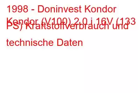 1998 - Doninvest Kondor
Kondor (V100) 2.0 i 16V (133 PS) Kraftstoffverbrauch und technische Daten