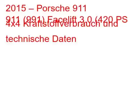 2015 – Porsche 911
911 (991) Facelift 3.0 (420 PS) 4x4 Kraftstoffverbrauch und technische Daten