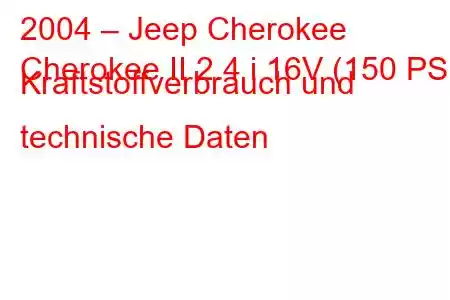 2004 – Jeep Cherokee
Cherokee II 2.4 i 16V (150 PS) Kraftstoffverbrauch und technische Daten