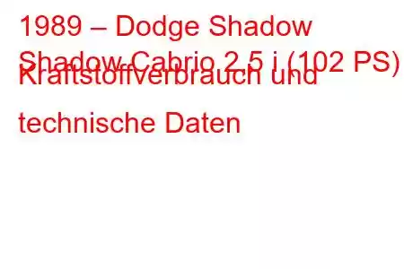 1989 – Dodge Shadow
Shadow Cabrio 2,5 i (102 PS) Kraftstoffverbrauch und technische Daten