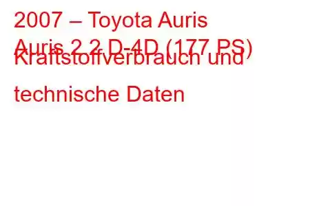 2007 – Toyota Auris
Auris 2.2 D-4D (177 PS) Kraftstoffverbrauch und technische Daten