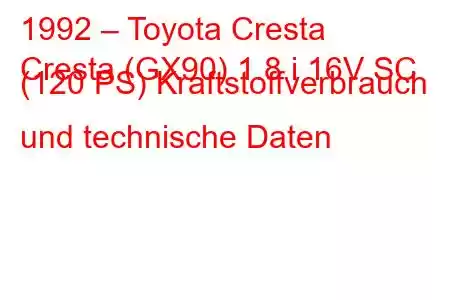 1992 – Toyota Cresta
Cresta (GX90) 1.8 i 16V SC (120 PS) Kraftstoffverbrauch und technische Daten