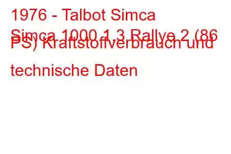 1976 - Talbot Simca
Simca 1000 1.3 Rallye 2 (86 PS) Kraftstoffverbrauch und technische Daten