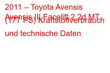 2011 – Toyota Avensis
Avensis III Facelift 2.2d MT (177 PS) Kraftstoffverbrauch und technische Daten