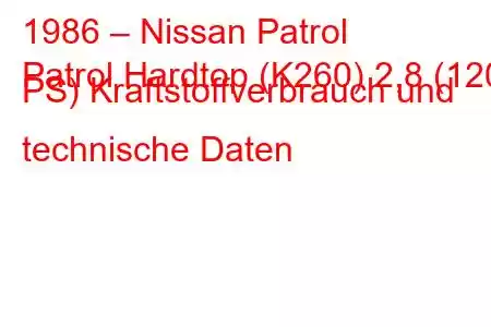 1986 – Nissan Patrol
Patrol Hardtop (K260) 2,8 (120 PS) Kraftstoffverbrauch und technische Daten