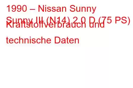 1990 – Nissan Sunny
Sunny III (N14) 2.0 D (75 PS) Kraftstoffverbrauch und technische Daten