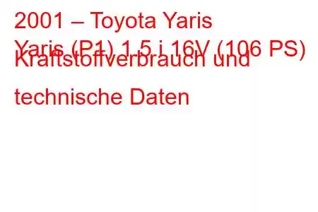 2001 – Toyota Yaris
Yaris (P1) 1.5 i 16V (106 PS) Kraftstoffverbrauch und technische Daten