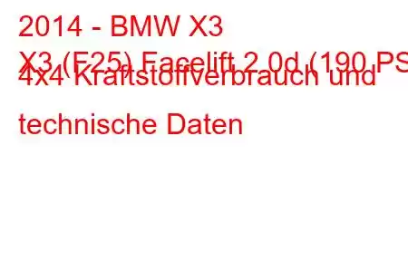 2014 - BMW X3
X3 (F25) Facelift 2.0d (190 PS) 4x4 Kraftstoffverbrauch und technische Daten