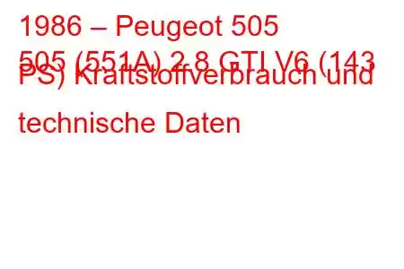 1986 – Peugeot 505
505 (551A) 2.8 GTI V6 (143 PS) Kraftstoffverbrauch und technische Daten