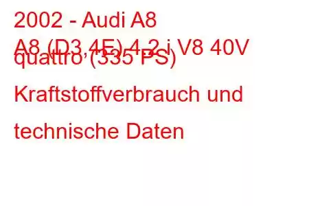 2002 - Audi A8
A8 (D3,4E) 4.2 i V8 40V quattro (335 PS) Kraftstoffverbrauch und technische Daten