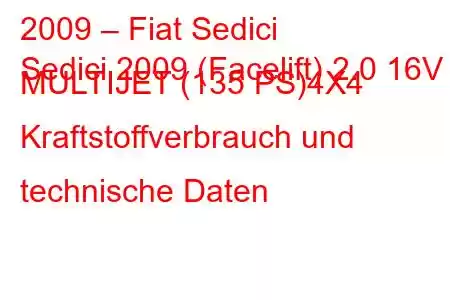 2009 – Fiat Sedici
Sedici 2009 (Facelift) 2.0 16V MULTIJET (135 PS)4X4 Kraftstoffverbrauch und technische Daten