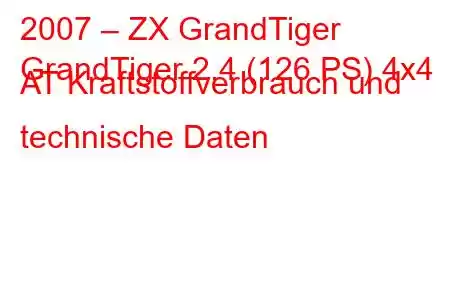 2007 – ZX GrandTiger
GrandTiger 2.4 (126 PS) 4x4 AT Kraftstoffverbrauch und technische Daten