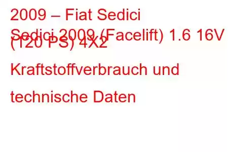 2009 – Fiat Sedici
Sedici 2009 (Facelift) 1.6 16V (120 PS) 4X2 Kraftstoffverbrauch und technische Daten