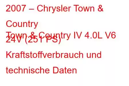 2007 – Chrysler Town & Country
Town & Country IV 4.0L V6 24V (251 PS) Kraftstoffverbrauch und technische Daten