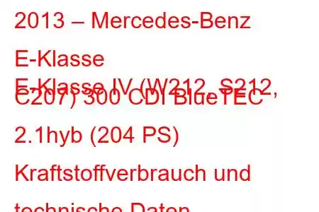 2013 – Mercedes-Benz E-Klasse
E-Klasse IV (W212, S212, C207) 300 CDI BlueTEC 2.1hyb (204 PS) Kraftstoffverbrauch und technische Daten