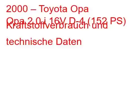 2000 – Toyota Opa
Opa 2.0 i 16V D-4 (152 PS) Kraftstoffverbrauch und technische Daten