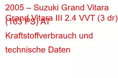 2005 – Suzuki Grand Vitara
Grand Vitara III 2.4 VVT (3 dr) (163 PS) AT Kraftstoffverbrauch und technische Daten