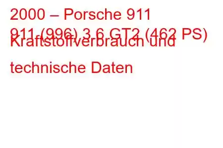 2000 – Porsche 911
911 (996) 3.6 GT2 (462 PS) Kraftstoffverbrauch und technische Daten