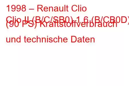 1998 – Renault Clio
Clio II (B/C/SB0) 1.6 (B/CB0D) (90 PS) Kraftstoffverbrauch und technische Daten