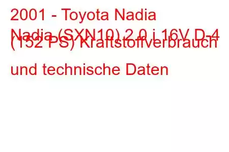 2001 - Toyota Nadia
Nadia (SXN10) 2.0 i 16V D-4 (152 PS) Kraftstoffverbrauch und technische Daten