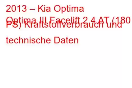 2013 – Kia Optima
Optima III Facelift 2.4 AT (180 PS) Kraftstoffverbrauch und technische Daten