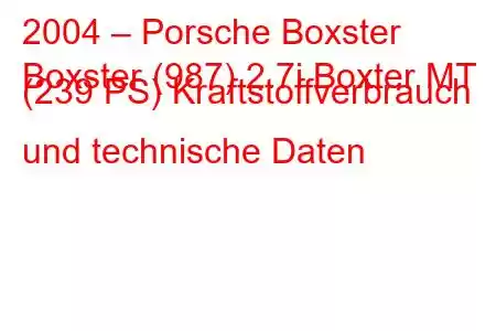 2004 – Porsche Boxster
Boxster (987) 2.7i Boxter MT (239 PS) Kraftstoffverbrauch und technische Daten