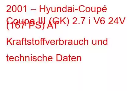 2001 – Hyundai-Coupé
Coupe III (GK) 2.7 i V6 24V (167 PS) AT Kraftstoffverbrauch und technische Daten