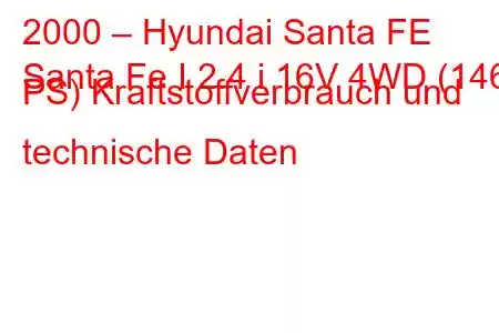 2000 – Hyundai Santa FE
Santa Fe I 2.4 i 16V 4WD (146 PS) Kraftstoffverbrauch und technische Daten