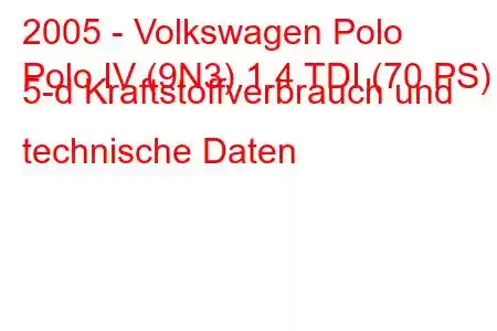 2005 - Volkswagen Polo
Polo IV (9N3) 1.4 TDI (70 PS) 5-d Kraftstoffverbrauch und technische Daten