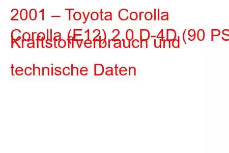 2001 – Toyota Corolla
Corolla (E12) 2.0 D-4D (90 PS) Kraftstoffverbrauch und technische Daten