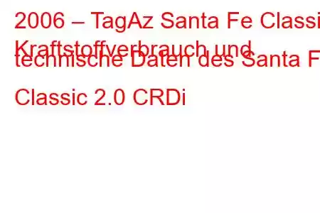 2006 – TagAz Santa Fe Classic
Kraftstoffverbrauch und technische Daten des Santa Fe Classic 2.0 CRDi