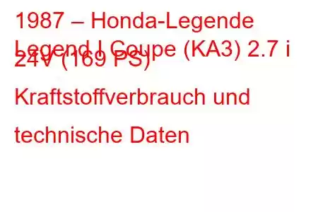 1987 – Honda-Legende
Legend I Coupe (KA3) 2.7 i 24V (169 PS) Kraftstoffverbrauch und technische Daten