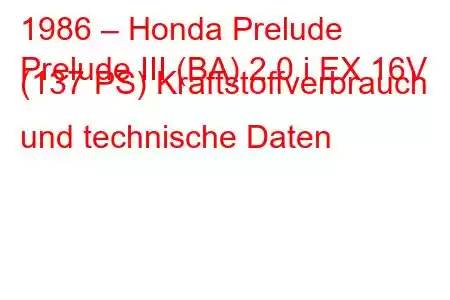 1986 – Honda Prelude
Prelude III (BA) 2.0 i EX 16V (137 PS) Kraftstoffverbrauch und technische Daten