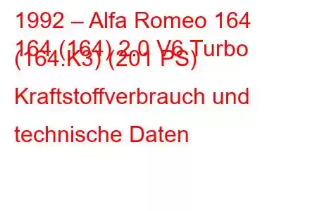 1992 – Alfa Romeo 164
164 (164) 2.0 V6 Turbo (164.K3) (201 PS) Kraftstoffverbrauch und technische Daten