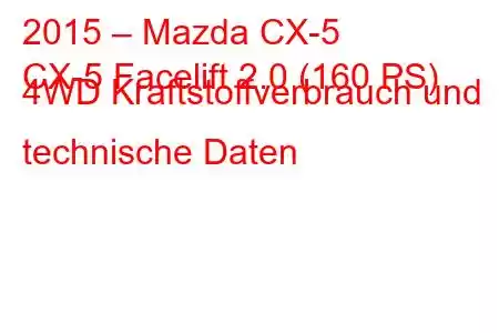 2015 – Mazda CX-5
CX-5 Facelift 2.0 (160 PS) 4WD Kraftstoffverbrauch und technische Daten