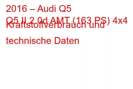 2016 – Audi Q5
Q5 II 2.0d AMT (163 PS) 4x4 Kraftstoffverbrauch und technische Daten