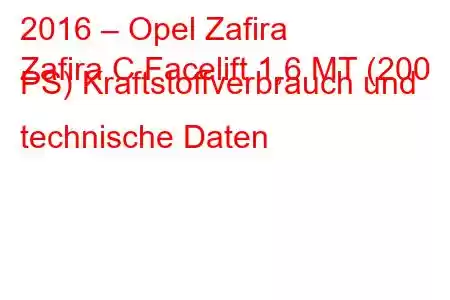 2016 – Opel Zafira
Zafira C Facelift 1,6 MT (200 PS) Kraftstoffverbrauch und technische Daten